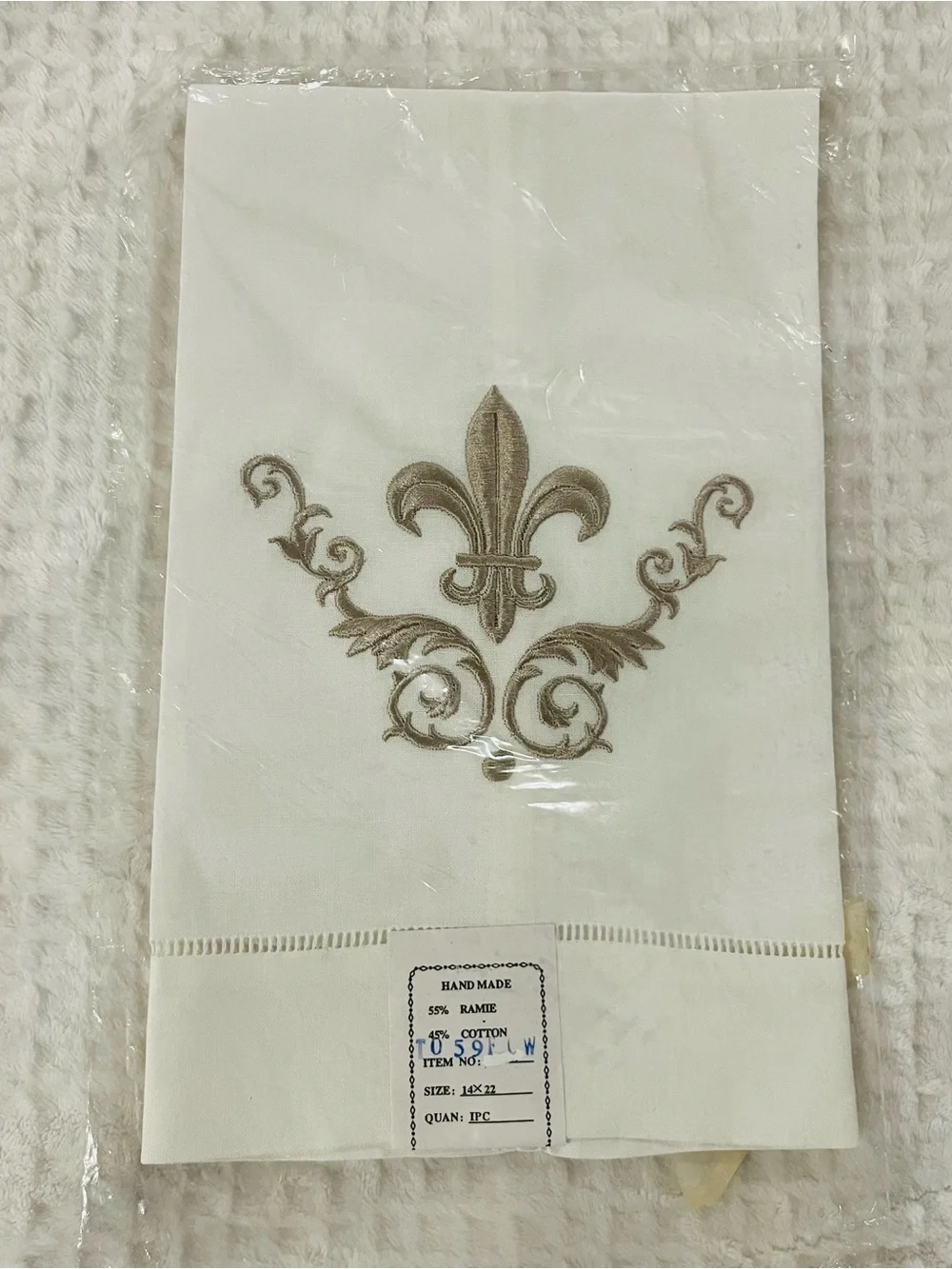 Fleur De Lis Tea Towel White Embroidered French Chic Powder Room Bath Gift New